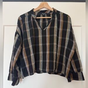 Madewell Highroad popover shirt Brentford Plaid Wool Blend V Neck Crop Top Large